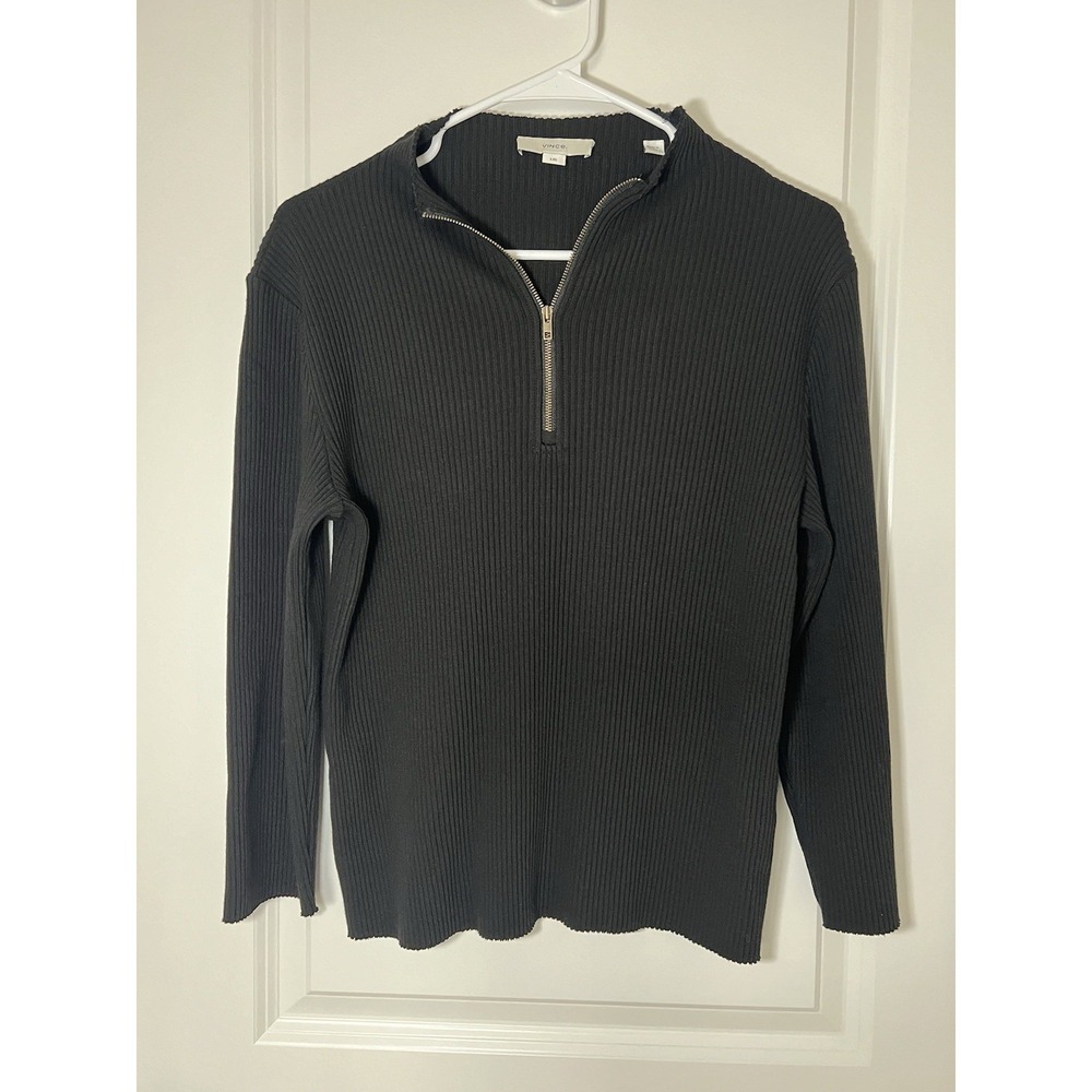 Vince Women's Ribbed Mock Neck Quarter Zip‎ 3/4 Sleeve Sweater Large Black